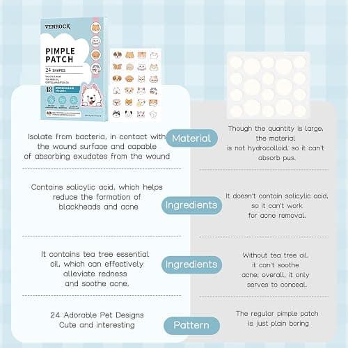 VENROCK Pimple Patches for face,24 Cute Pet Shapes 48 Count Hydrocolloid Acne Treatment for Covering Zits & Blemishes Spot for Kids & Adults, with Salicylic Acid, Tea Tree Oil, Centella Asiatica Oil thumbnail 8
