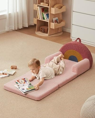 Blissful Diary Foldable Toddler Couch, 2-in-1 Comfy Toddler Chair & Lounger for Reading, Playroom, Kids Couch Sofa for Girls Boys Birthday Gift, Blush Rainbow thumbnail 5