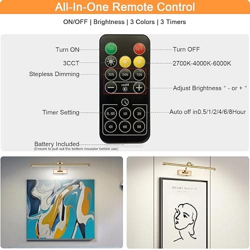 Tassuowell Picture Light Battery Operated with Remote, 3CCT Dimmable Picture Light for Paintings, Brass Rechargeable 24 inch Battery Operated Wall Sconce for Art Lighting Gallery Portrait Artwork thumbnail 5