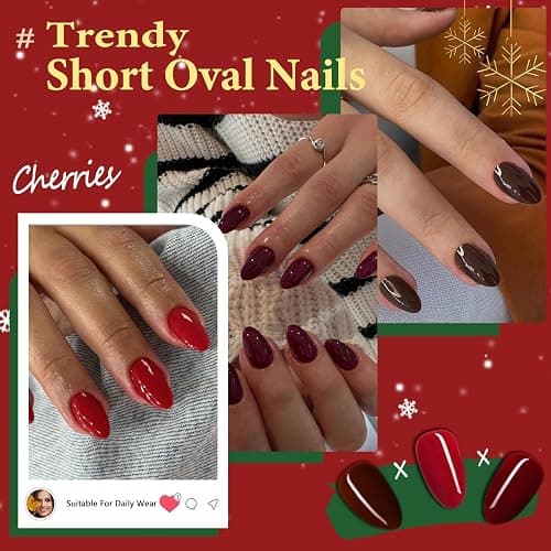 Wine Red Press On Nails Short Oval,KQueenest Thick Acrylic Nails Press Ons,Short Almond Nails Glue on,Natural Round Fake Nails,Burgundy One Color Gel Stick On Nails Set For Tiny Average Wide Nail Beds thumbnail 5