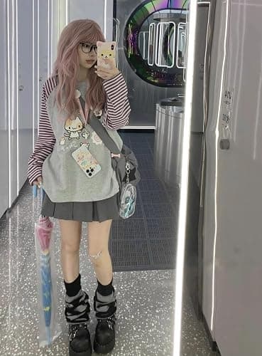 Dynict Y2k Cute Sweatshirts for Women Harajuku Kawaii Striped Sweatshirts Cartoon T-shirts thumbnail 5