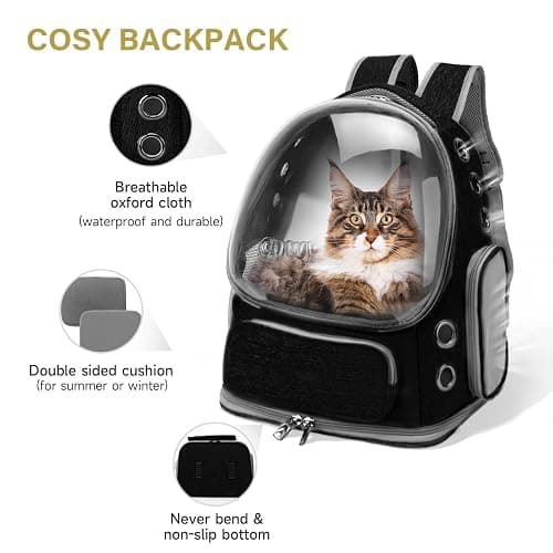 Cawypety Cat Backpack Carrier, Breathable Cat Carrier Large Space Bubble Pet Backpack for Kitty Small Dog up to 12lbs, Transparent & Foldable Pet Carrier for Travel Hiking (Black thumbnail 6