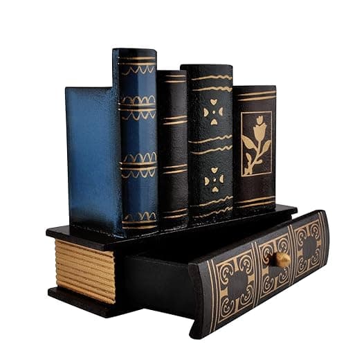 Trendy Boy Vintage Book Pen Holder Retro Pen Desk Organizer with Drawer Wooden Fake Book Shaped Pencil Cup for Home Office Study Library (116)