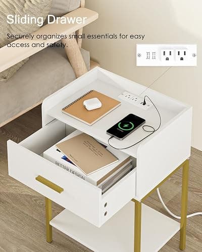 Masupu Nightstand with Charging Station,3-Tier Modern Bedside Night Stand with Storage Drawer and Shelf,Small End Side Table for Bedroom,Living Room,White thumbnail 3