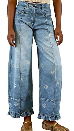 utcoco Barrel Jeans Women 2026 Floral Print Wide Leg Jeans Y2k Patchwork Baggy Boyfriend Denim Pants thumbnail 6
