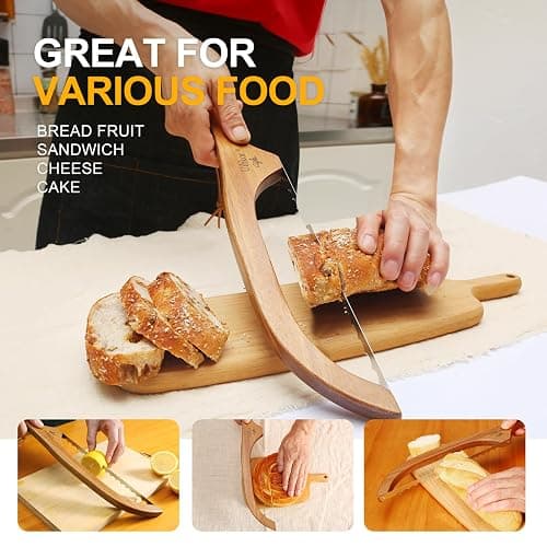 Uibkor Wooden Bread Bow Knife, 16" Serrated Sourdough Cutter, Premium Stainless Steel Serrated Saw Bread Cutter, Bagel Slicer Knife for Homemade Bread, Bagels, Baguettes and More, Sourdough knife thumbnail 4