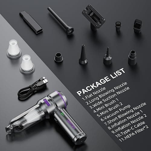 GenTant Car Vacuum Portable Cordless, 18000PA Portable Vacuum Cordless, High Power Air Duster with Brushless Motor, Type-C Charge, 3 in 1 Small Vacuum Cleaner for Car, Home, Office, Pet Hair thumbnail 6