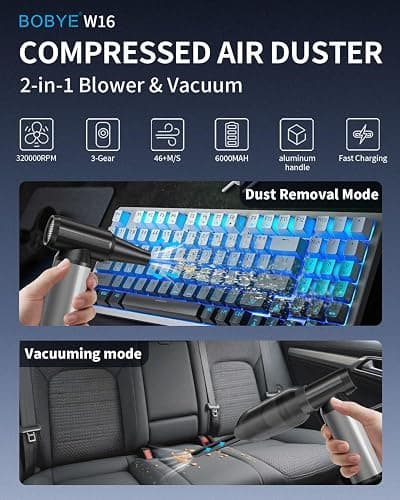 Compressed Air Duster, 2-in-1 Duster Blower & Vacuum with 320000RPM Super Power, Electric Air Duster Rechargeable, 3-Gear Adjustable Air Blower for Keyboard, Computer, Car, Home, and Outdoor Cleaning thumbnail 4