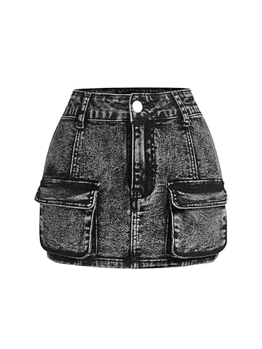 SHENHE Girl's Denim Cargo Skirt High Waisted Zip Fly Bodycon Mini Jean Skirt with Pockets - 10 Years - Black