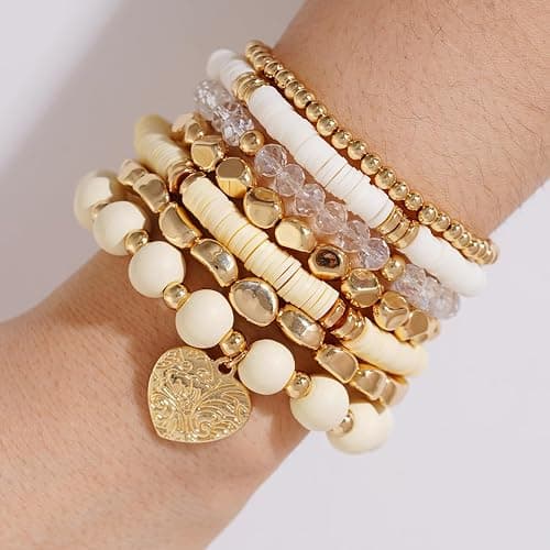 GOOJIDS Surfer Heishi Clay Bead Bracelets for Women Bohemian Stackable Gold Plated Beaded Stretch Bracelets Elastic Layering Friendship Bracelets Set Boho Jewelry thumbnail 4