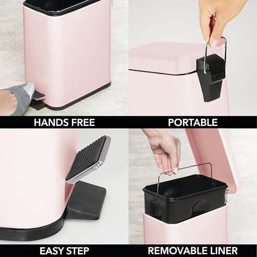mDesign Small Modern 1.3 Gallon Rectangle Metal Lidded Step Trash Can, Compact Garbage Bin with Removable Liner Bucket and Handle for Bathroom, Kitchen, Craft Room, Office, Garage - Light Pink thumbnail 6