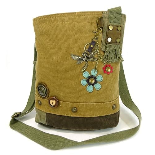 Canvas Patchwork Cross-body BROWN Messenger Bag (Metal Dragonfly +Teal Flowers) - Image 1