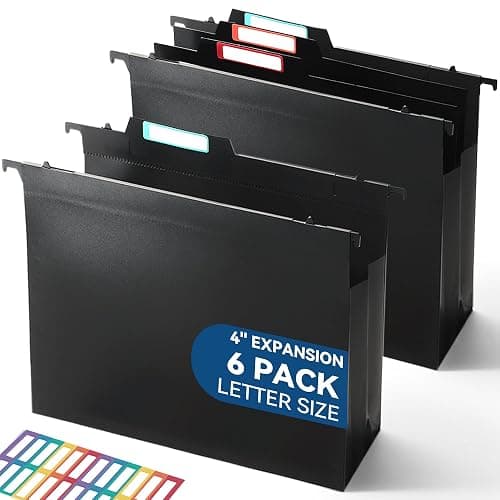 SortRax Plastic High Capacity Hanging File Folders, Letter Size, 4" Expanding Accordion Pocket with Movable Dividers, Heavy Duty for Filing Cabinet, Insertable Tabs, 6 Pack - Image 1