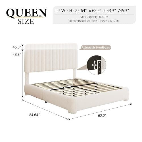 viplov Queen Size Boucle Bed Frame, Adjustable Headboard, Beige | Fluffy Boucle Upholstered Platform Bed Frame, Cloud Adjustable Headboard, Rounded Corners. Squeak‑free, Fast assembly thumbnail 2