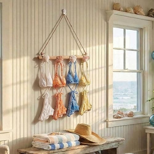 Gerrii 16 Inch Seashell Bikini Rack Driftwood Wall Mounted Hook Swimsuit Organizer Coastal Wooden Coat Rack for Summer Ocean Theme Beach Bathroom House Decor Swimming Pool(Cute) thumbnail 4