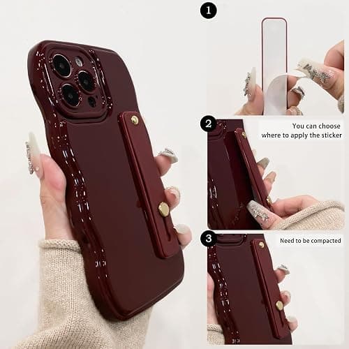 NITITOP Compatible with iPhone 15 Pro Max Case Cute Simple Wave Design Stylish Wavy Curly Frame with Wrist Adjustable Hand Strap Kickstand Grip Holder Soft Silicone Protective Cover - Wine Red thumbnail 2