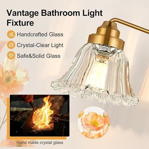 Meybiok Vintage Bathroom Light Fixtures, 3-Light Gold Vanity Light for Bathroom with Clear Flower Glass Shades, Vanity Lighting Fixtures Over Mirror (Exclude Bulb) thumbnail 3