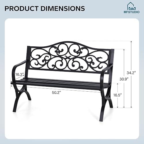 MFSTUDIO 50 Inches Outdoor Garden Bench, Cast Iron Metal Frame Patio Park Bench with Floral Pattern Backrest, Arch Legs for Porch Lawn Garden Yard(Black) thumbnail 2