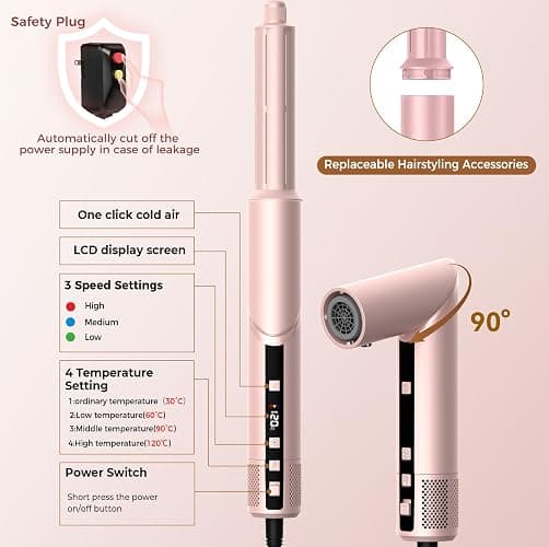 Atopskins 8-in-1 Hair Dryer Brush & Hot Air Styler, 110,000 RPM Blow Dryer Brush Foldable LCD Display, 4 Heat Settings Auto Curler Fast Drying Curling Straightening for Salon & Travel (Pink) thumbnail 7