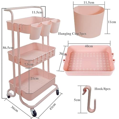 Ceeyali 3-Tier Rolling Utility Cart Storage Organizer Shelf Cart with Lockable Wheels and 3PCS Cups and 8PCS Hooks for Home Kitchen,Bathroom,Office,Laundry Room etc. (3 Cup 8 Hook Pink) - 3 Cup 8 Hook Pink thumbnail 2