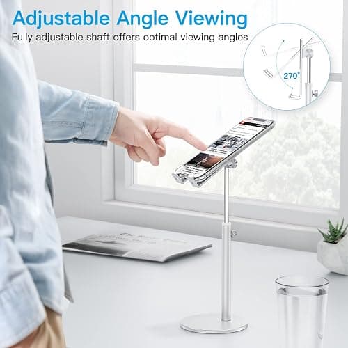 Cell Phone Stand, OMOTON Angle Height Adjustable Phone Stand, Aluminum Desktop Phone Holder Dock Stand for Desk, Compatible with iPhone 17 Pro Max, All Smartphones and Tablets(4-11''), Sliver thumbnail 2