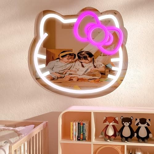 MCJSGSP Anime Hello Kit Cat Neon Sign Mirror L16.1 W14 Vanity Mirror with Lights Bedroom Wall Mirror for Pink Room Decor and a Makeup Mirror with Lights Teen Girl Gifts thumbnail 7