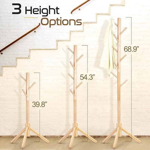 Freyawin Solid Wooden Coat Rack Freestanding, New Zealand Pine Coat Tree with 8 Hooks & 3 Adjustable Sizes for Coats, Hats, Handbags and Scarves, Space Saving for Entryway/Office/Bedroom (Nature) thumbnail 2
