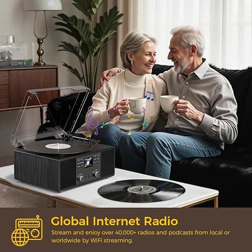Bluetooth Vinyl Record Player with CD & Internet Radio, 3-Speed Belt-Drive Turntable with USB Recording, AUX/RCA Output, Tone & Remote Control, Vintage Black Vinyl Player for Home Entertainment & Gift thumbnail 2