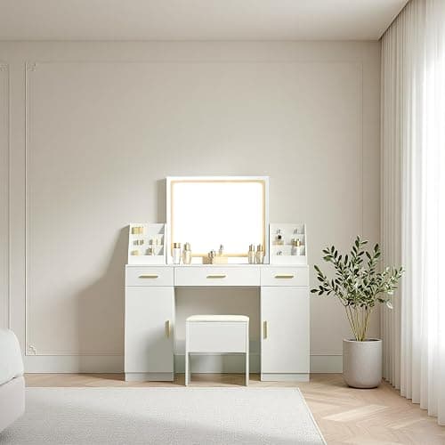 Sylvan Gravity Large Vanity Desk with Mirror and Lights,Makeup Vanity Desk with Folding up Mirror,2 Makeup Organizers and Outlet,for Bedroom,White thumbnail 3