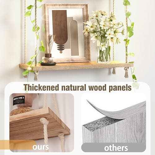 Hanging Shelf with Vine Lights 5 Tier Boho Plant Wall Shelf Floating Shelves Rope Rustic Wood Organizer Storage Hanger Rack for Wall Decor in Aesthetic Home Bedroom Kitchen (Five-tier rope rack) thumbnail 6