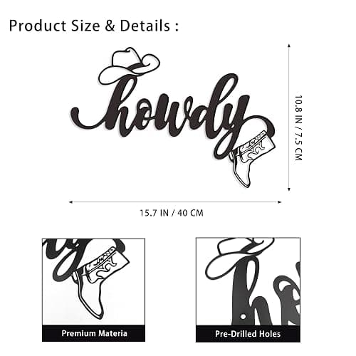Rajukit Metal Howdy Sign Wall Art Cowboy Hat Boot Decor Home Office | Western style cowboy hat and boot metal wall art. Ideal for home, office. thumbnail 2
