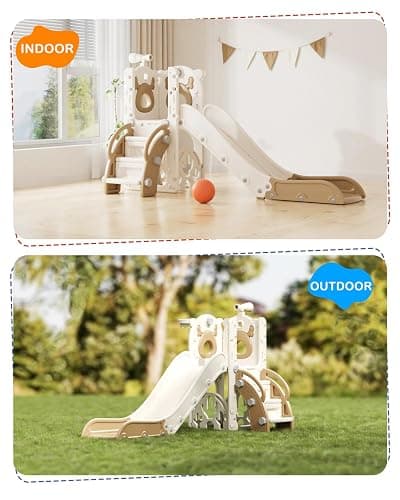 XJD 7 in 1 Toddler Slide, Kids Indoor Slide for Toddlers 12-36 Months, New Upgrade with Golf, Basketball Hoop for Indoor Outdoor Playset,Toddler Playground (White Brown) thumbnail 6