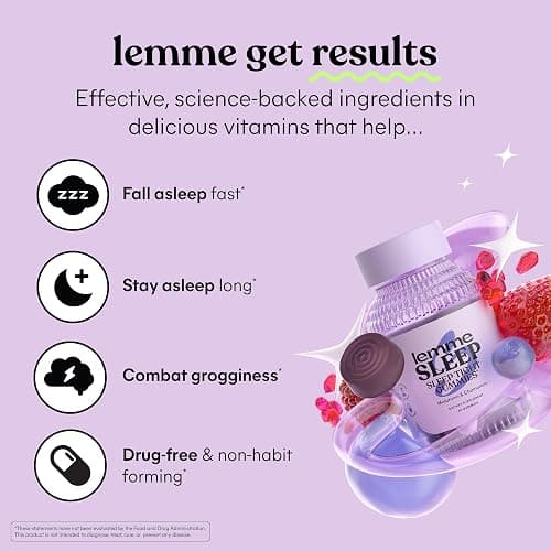 Lemme Sleep Gummies with 5mg Melatonin, Elderberry, Magnesium, L-Theanine, Chamomile and Lavender, Drug-Free Nighttime Sleep Aid, Gluten Free, Gelatin Free, Non GMO, Berry Flavored (60 Count) thumbnail 2