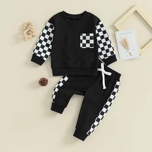 Toddler Baby Boy Fall Outfit Checkerboard Patchwork Long Sleeve Sweatshirts Elastic Waist Pants Cute Newborn Clothes Set thumbnail 2