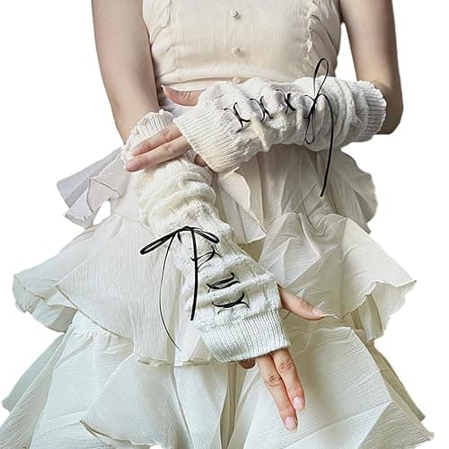 Arm Warmers Cute Y2k Harajuku Japanese Style Long Fingerless Gloves for Women Girls, Cold Weather Fsahion Lotila Arm Sleeve Thumb Hole Gloves (15.7Inch)(White) - Image 1