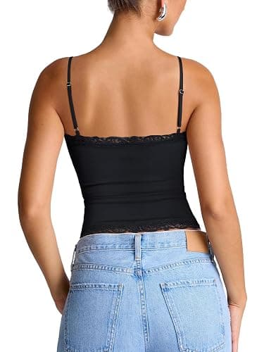 PINKMSTYLE Women's Sexy Square Neck Lace Cami Tank Tops Fitted Double Lined Sleeveless Crop Spaghetti Strap Summer Y2k Tops thumbnail 8
