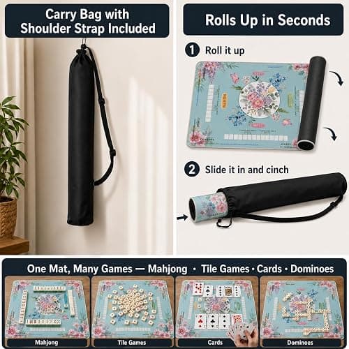 Chonwul Blue Mahjong Mat for Table with Rules, 31.5" x 31.5", Anti-Slip | Neoprene Rubber Game Mat with Carrying Bag; Chinoiserie Mah Jong Table Cover for Board, Poker, Card Games and Gifts for Women thumbnail 5