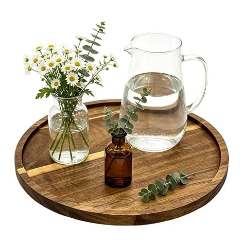 11.5" Round Acacia Wood Serving Tray | Natural Wooden Decor Food Tray for Ottoman, Couch & Coffee Table, Daily Home Use - Image 1