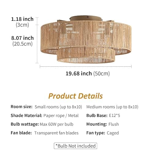 20 Inch Boho Caged Ceiling Fans with Lights Flush Mount, Layered Rattan Ceiling Fan with Light Remote Control with Reversible 6 Speeds for Bedroom, Nursery, Living Room, E12 Base, Indoor - 20 Inch Boho Caged Ceiling Fans with Lights thumbnail 2