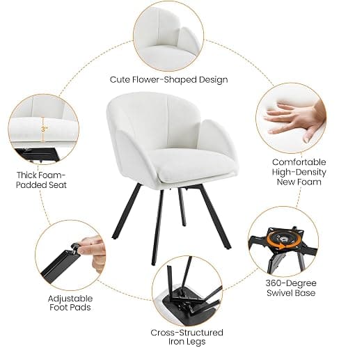 Yaheetech Swivel Accent Chair, Flower Chenille Armchair, Vanity Chair Side Chair with 360-Degree Swivel Base and Seat Cushion for Living Room/Bedroom/Home Office/Makeup, White thumbnail 6