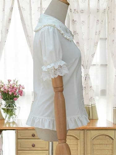 TanQiang Women's Sweet Lolita Shirt Short Puff Sleeve Flower Embroidered Peter Pan Collar White Ruffle Blouse thumbnail 4