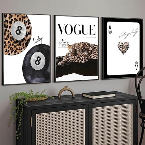 Trendy Leopard Wall Art Set of 3 Cheetah Wall Decor Preppy Style Aesthetic Black And White Lucky 8 Ball Poker Posters Canvas Prints Pictures Funky Artwork for Bedroom Living Room Unframed 12x16 inch - Image 1