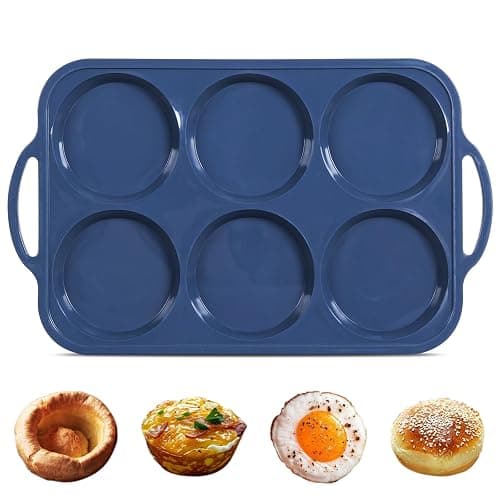 Highkit 10cm Giant Silicone Yorkshire Pudding Tray with Metal Handles,6 Cup Non Stick Jumbo Silicon Yorkshire Pudding Tin,Large Muffin Top Moulds for Baking Pan,Oven,Egg Bites,Whoopie Pie,Tart, Grey - Image 1