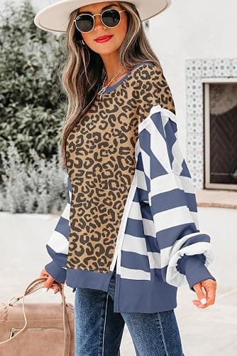 Mazulun Striped Leopard Sweatshirt for Women Color Block Patchwork Drop Shoulder Side Slit Pullover Shirt Tops thumbnail 3