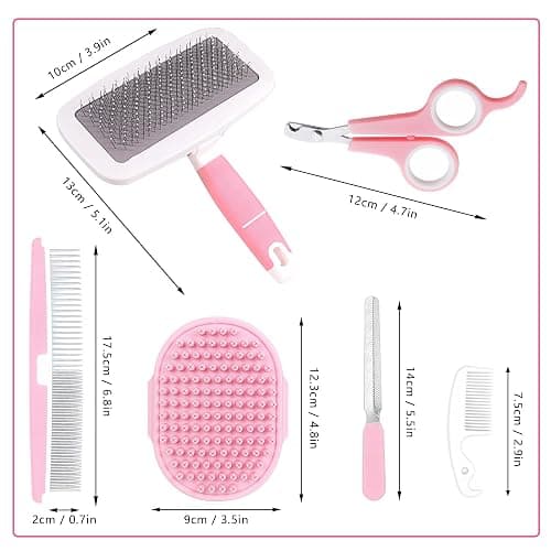 Crafterlife Small Animal Pet Grooming Kit Pet Shedding Slicker Brush, Bath Massage Glove, Pet Grooming Comb, Nail Clipper Trimmer Rabbit, Puppy, Kitten, Guinea Pig, Hamster, Ferret (Pink), 6 Pc Set thumbnail 2