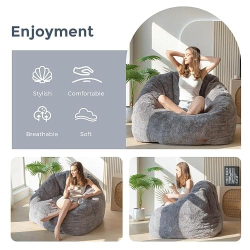 MAXYOYO Giant Bean Bag Chair, Oversized Bean Bag Couch for Adults and Kids, Faux Fur Shell-Shaped Large Chair with Filler, Stuffed Big Accent Sofa Lounge Floor Sofa for Gaming, Reading, Dark Grey thumbnail 3