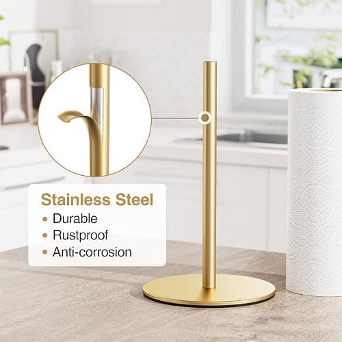 Gold Free-Standing Paper Towel Holder, Premium Stainless Steel Towel Holder for Rolls Organizer, Classic Fashion Roll Dispenser for Kitchen thumbnail 4