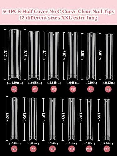 Quaferen Clear Square Nail Tips, 504PCS 3XL Long No C Curve Nail Tips, Half Cover Flat Tapered Square Straight Gel Acrylic Tips False Nails for DIY Salon Home thumbnail 6