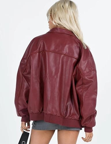 EsheSy Women's Oversized Leather Jacket Faux Suede Boyfriend Motorcycle Full Zip Bomber Jacket thumbnail 4