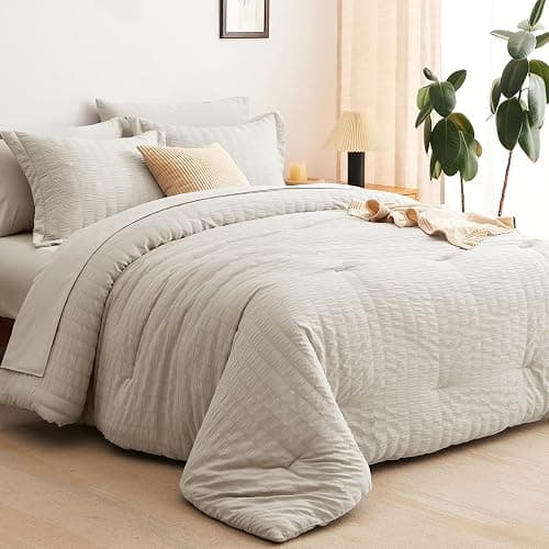 CozyLux Queen Comforter Set Beige Seersucker 7 Pieces Bed in a Bag Queen Comforter Set with Sheets, Luxury Soft Bedding Set with Down Alternative Comforter, Sheets, Pillowcases & Shams for All Seasons thumbnail 9